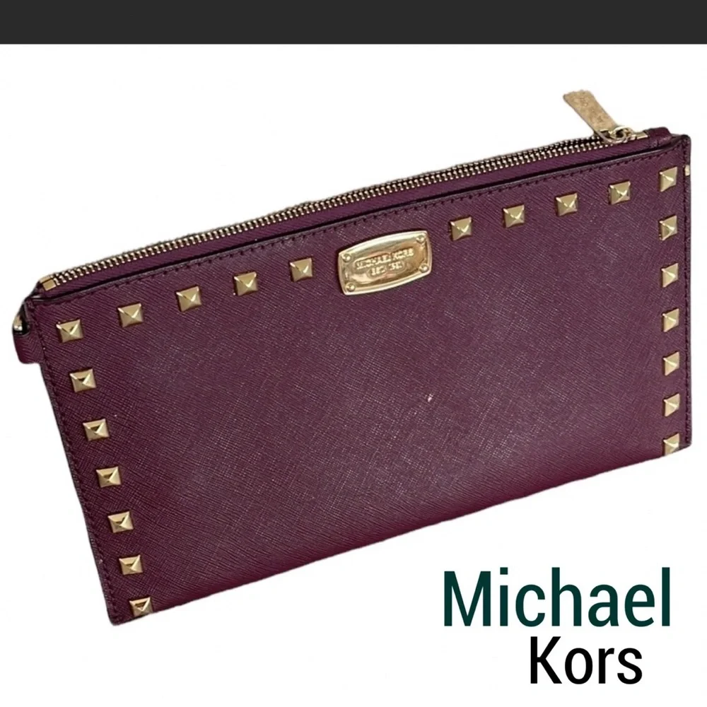 Michael Kors cherry Saffino Leather stud gold pyramid wristlet NWOT
